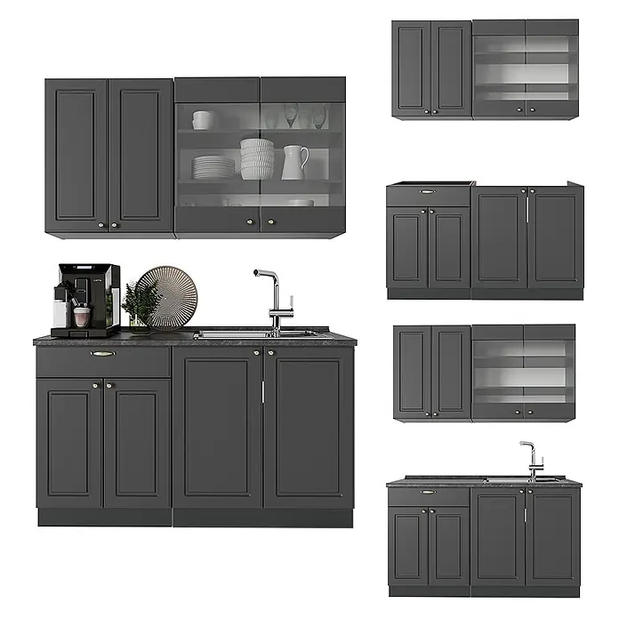 Vicco Singleküche Fame-Line, Anthrazit-Gold Landhaus, 140 cm -  - Modulare dunkelgraue Küchenschränke mit Spüle, Arbeitsplatte und Kaffeemaschine. Oberschränke, teils mit Glastüren.