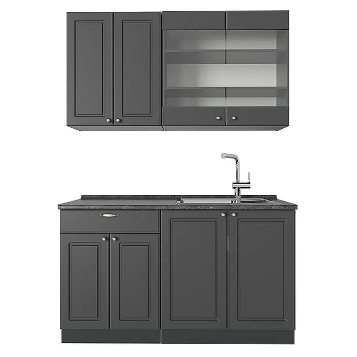 Vicco Singleküche Fame-Line, Anthrazit-Gold Landhaus, 140 cm -  - Dunkelgraue Küchenschrank-Garnitur mit Ober- und Unterschränken, Arbeitsplatte, Spüle und Wasserhahn. Einige Oberschränke haben Glasfronten.