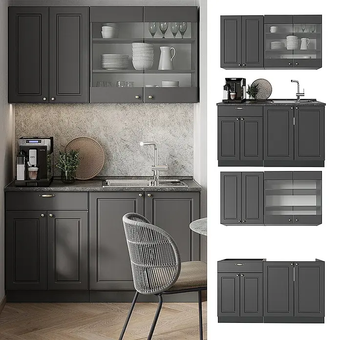 Vicco Singleküche Fame-Line, Anthrazit-Gold Landhaus, 140 cm -  - Dunkelgraue modulare Küchenschränke mit geschlossenen und Glas-Oberschränken, sowie Unterschränken mit Spüle.