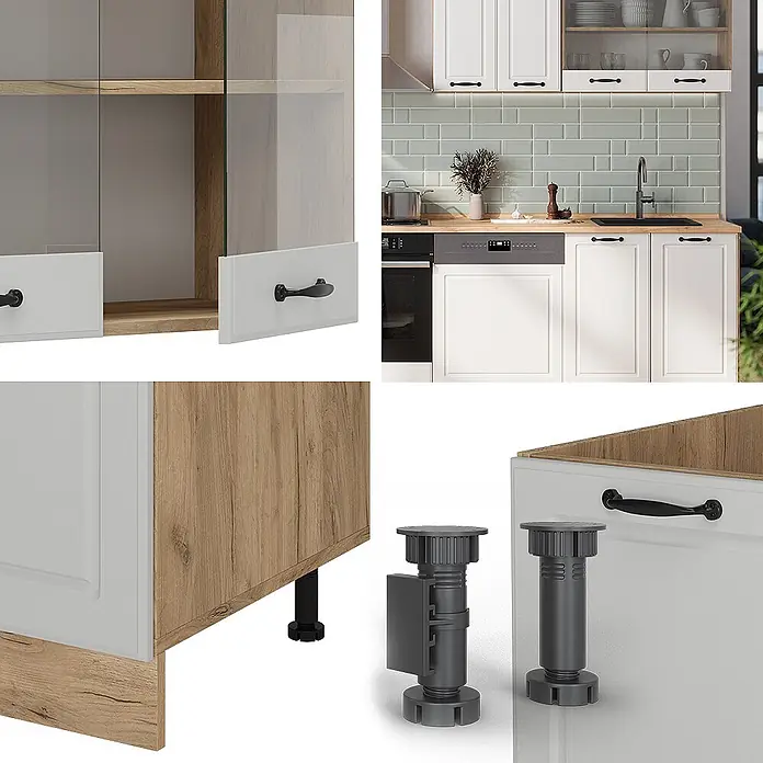 Vicco Küchenzeile R-Line Weiß Landhaus/Goldkraft Eiche, AP Anthrazit - Weiß Landhaus, Ohne Elektrogeräte - Weiße und helle Holz-Küchenschränke mit schwarzen Griffen, inklusive verstellbarer Stützfüße zur optimalen Ausrichtung.