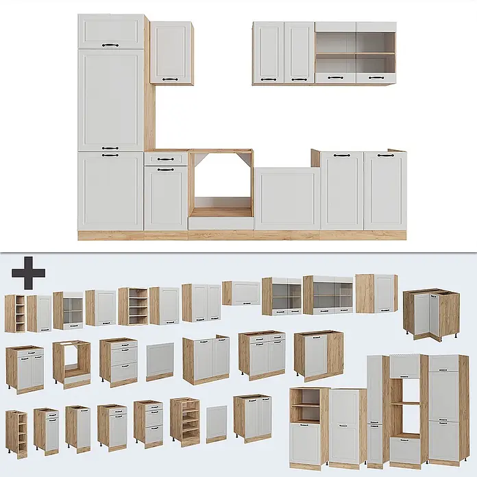 Vicco Küchenzeile R-Line Weiß Landhaus/Goldkraft Eiche ohne Arbeitsplatte - Breite: 300 cm, Weiß Landhaus, Ohne Elektrogeräte - Modulares Küchenschranksystem mit weißen Türen und hellen Holzrahmen, zeigt einzelne Module und eine Gesamtanordnung.