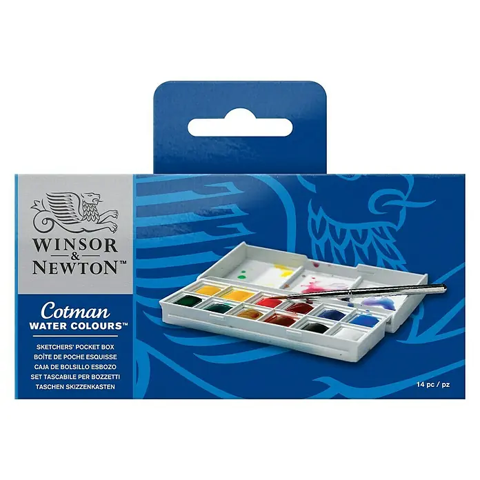Winsor & Newton Cotman Aquarellfarben-Set Sketcher´s Pocket Box - Topf - Abbildung einer Cotman Aquarellfarben-Palette von Winsor & Newton, ideal für Künstler unterwegs.