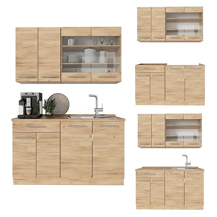 Vicco Singleküche Fame-Line Goldkraft Eiche ohne Arbeitsplatte - Goldkraft Eiche, Ohne AP - Modulares Küchenschrank-Set in heller Holzoptik, mit Ober- und Unterschränken, teils mit Glastüren und Spüle.