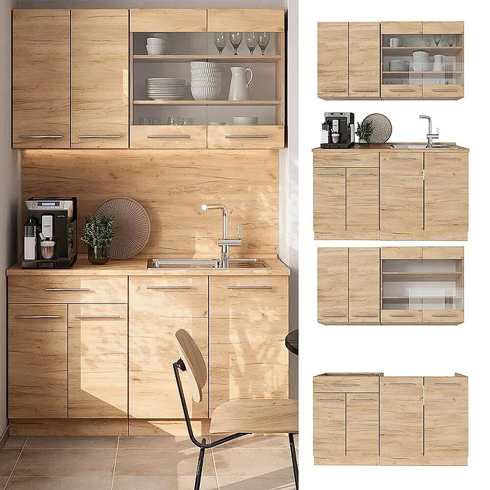 Vicco Singleküche Fame-Line Goldkraft Eiche ohne Arbeitsplatte - Goldkraft Eiche, Ohne AP - Modulare Küchenschrank-Set in heller Holzoptik, bestehend aus Oberschränken (teilweise mit Glastüren) und Unterschränken mit Spüle.