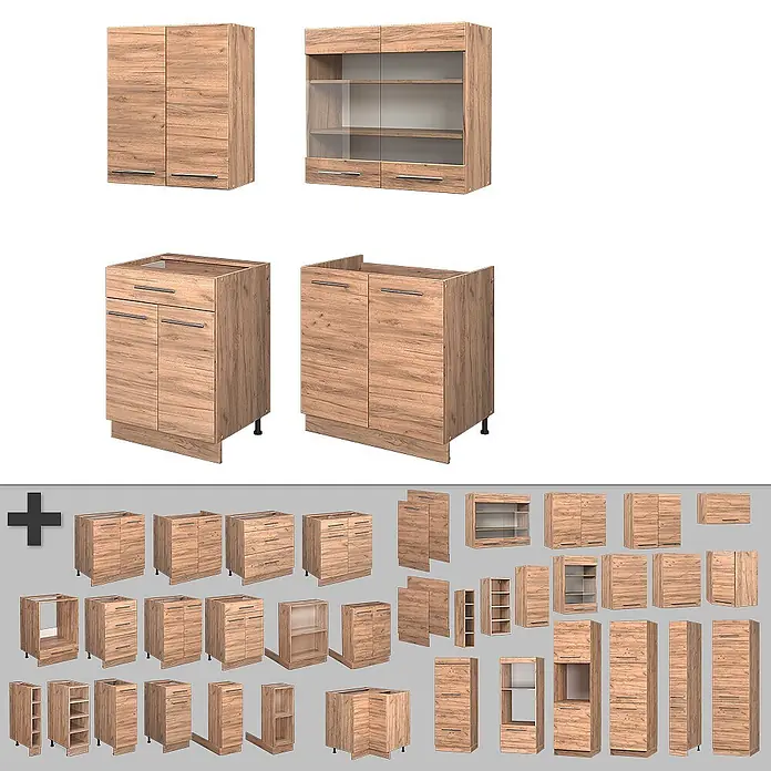 Vicco Singleküche Fame-Line Goldkraft Eiche ohne Arbeitsplatte - Goldkraft Eiche, Ohne AP - Satz modularer Küchenschränke und -elemente in heller Holzoptik.