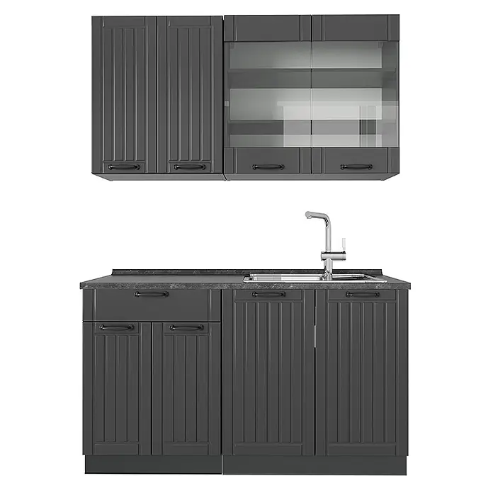 Vicco Singleküche Fame-Line Dunkelgrau ohne Arbeitsplatte - Breite: 140 cm, Dunkelgrau, Ohne AP - Dunkelgraue Küchenschränke mit Paneeltüren, Oberschränken mit Glasfront, Spüle und Wasserhahn.