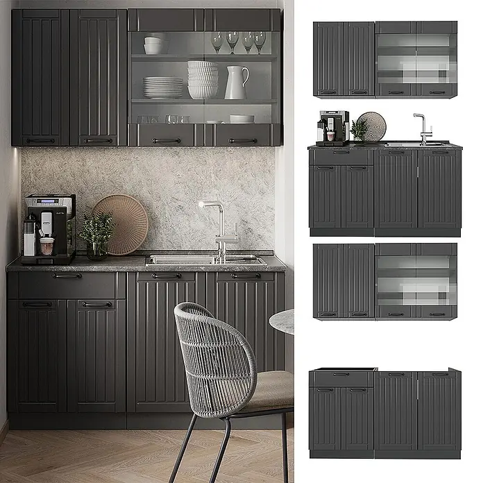 Vicco Singleküche Fame-Line Dunkelgrau ohne Arbeitsplatte - Breite: 140 cm, Dunkelgrau, Ohne AP - Dunkelgraue Küchenschränke mit geriffelten Türen, teils mit Glas, in einer kompletten Küche mit Spüle und Kaffeemaschine.