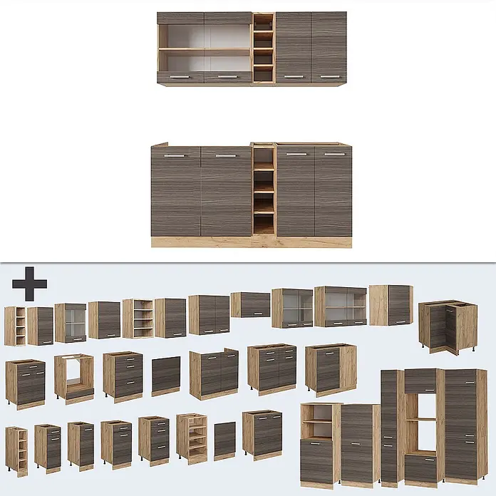 Vicco Singleküche R-Line Edelgrau/Goldkraft Eiche, AP Eiche - Breite: 160 cm, Edelgrau, Mit AP Eiche - Modulares Küchenschranksystem in dunkelgrauer Holzoptik mit hellen Holzelementen, verschiedene Einheiten.