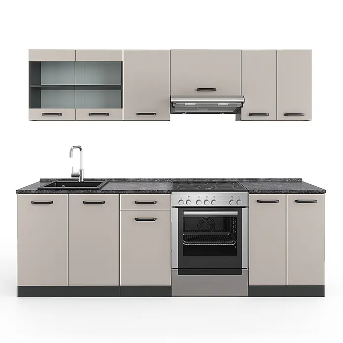 Vicco Küchenzeile R-Line Cashmere, AP Anthrazit - Cashmere, Ohne Elektrogeräte - Moderne Modulküche mit hellbeigen Schränken, schwarzen Arbeitsplatten, Edelstahlspüle, Backofen, Kochfeld und Dunstabzugshaube.