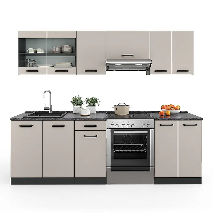 Vicco Küchenzeile R-Line Cashmere, AP Anthrazit - Cashmere, Ohne Elektrogeräte - Modulare Küchenzeile mit hellbeigen Schränken, dunkler Arbeitsplatte, Spüle und integriertem Backofen.