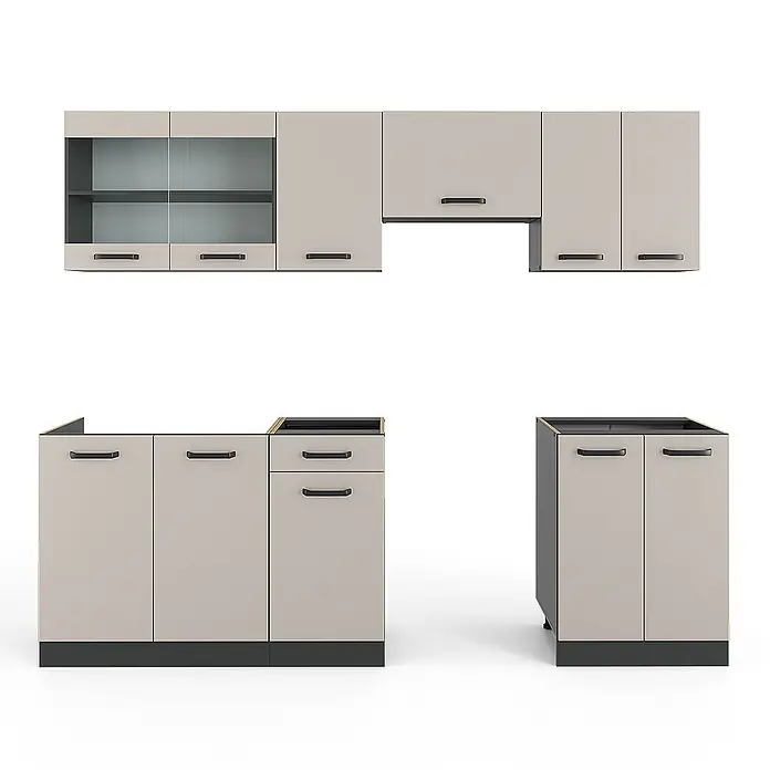 Vicco Küchenzeile R-Line Cashmere, AP Anthrazit - Cashmere, Ohne Elektrogeräte - Modulare hellbeige Küchenschränke mit dunklen Griffen, bestehend aus Ober- und Unterschränken (teils mit Glastüren).