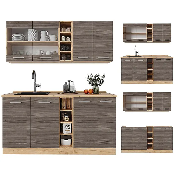 Vicco Singleküche R-Line Edelgrau/Goldkraft Eiche, AP Eiche - Breite: 160 cm, Edelgrau, Mit AP Eiche - Modulare Küchenzeile in dunkler Holzoptik und hellem Holz, mit Spüle und verschiedenen Schränken und offenen Regalen.