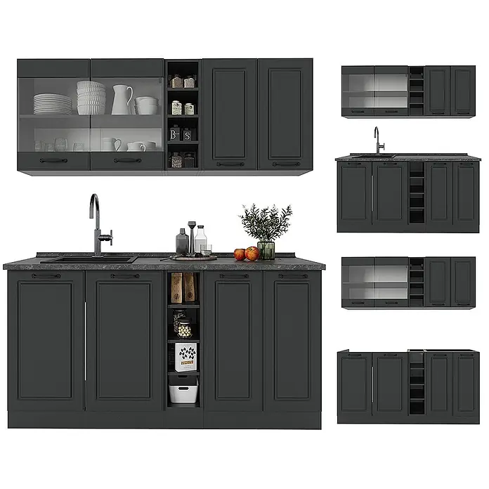 Vicco Singleküche R-Line Anthrazit Landhaus/Anthrazit ohne Arbeitsplatte - Breite: 160 cm, Anthrazit Landhaus, Ohne AP - Dunkelgraues modulares Küchenschrank-Set mit Spüle, Arbeitsplatte, Glastüren und offenen Regalen.
