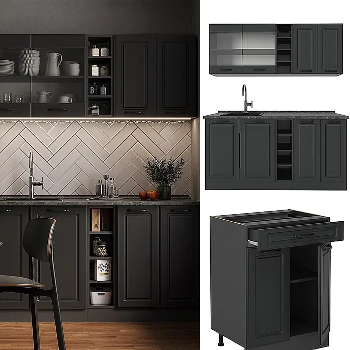 Vicco Singleküche R-Line Anthrazit Landhaus/Anthrazit ohne Arbeitsplatte - Breite: 160 cm, Anthrazit Landhaus, Ohne AP - Dunkelgraue modulare Küchenschränke mit klassischen Rahmentüren und integrierten Griffen, mit Spülenschrank, Weinregal und offenen Fächern.