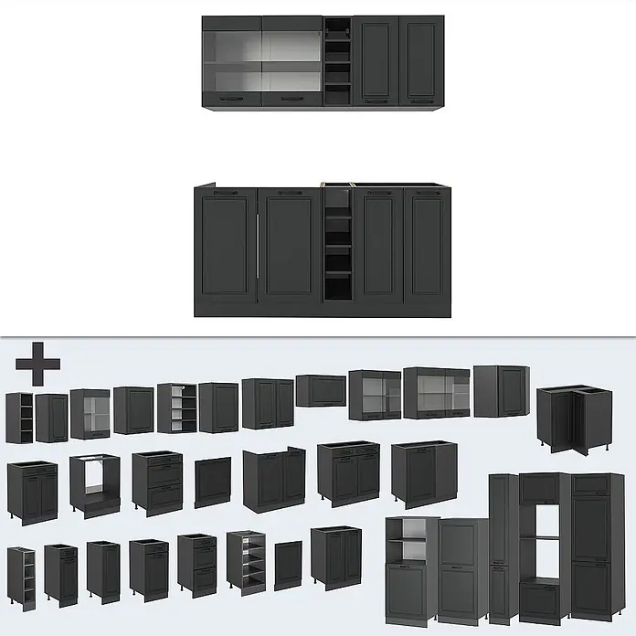 Vicco Singleküche R-Line Anthrazit Landhaus/Anthrazit ohne Arbeitsplatte - Breite: 160 cm, Anthrazit Landhaus, Ohne AP - Modulare dunkelgraue Küchenschränke, inklusive Unter-, Ober- und Hochschränke, mit Voll- und Glastüren sowie offenen Regalfächern.