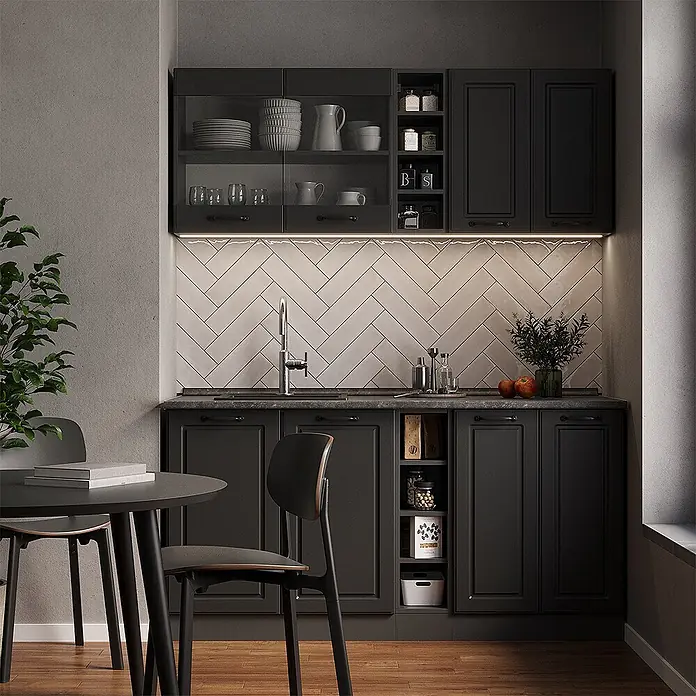 Vicco Singleküche R-Line Anthrazit Landhaus/Anthrazit ohne Arbeitsplatte - Breite: 160 cm, Anthrazit Landhaus, Ohne AP - Elegante dunkelgraue Küchenschränke mit Spüle und Stauraum, bilden eine moderne Arbeitsfläche.