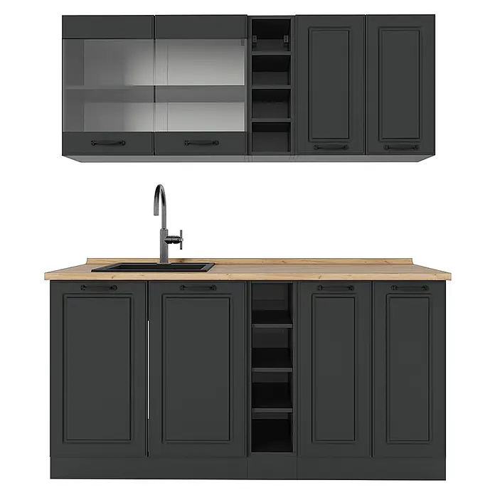 Vicco Singleküche R-Line Anthrazit Landhaus/Anthrazit ohne Arbeitsplatte - Breite: 160 cm, Anthrazit Landhaus, Ohne AP - Anthrazitfarbene Küchenschrankgarnitur mit heller Holzplatte, schwarzer Spüle und Armatur. Mit Hänge- und Unterschränken sowie offenen Regalen.