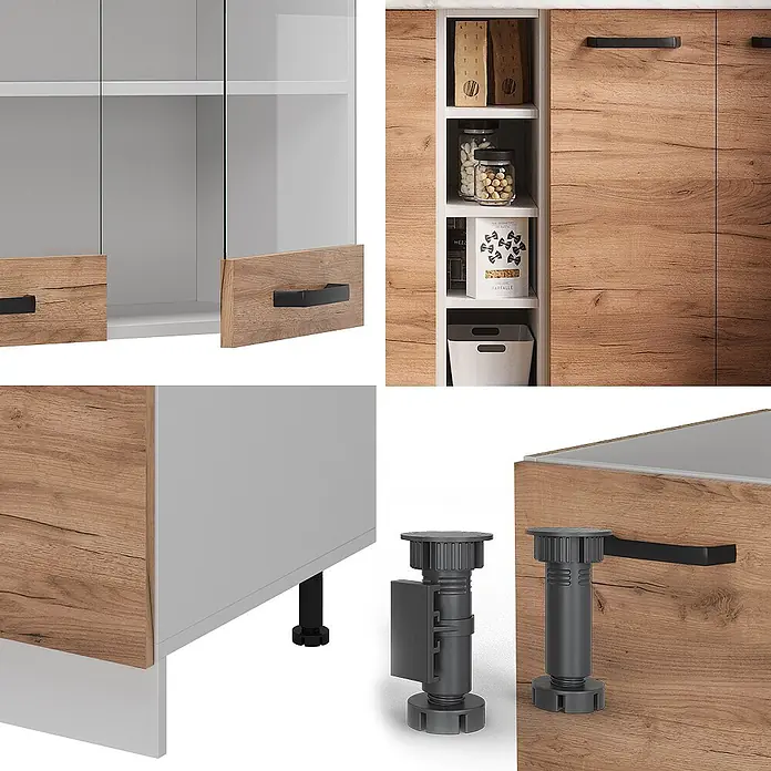 Vicco Singleküche R-Line Goldkraft Eiche/Weiß AP Anthrazit - Goldkraft Eiche, Mit AP Anthrazit - Modulares Küchenschranksystem mit Holzmaserungs- und weißen Fronten, schwarzen Griffen, Glastüren, offenen Regalen und verstellbaren Füßen.