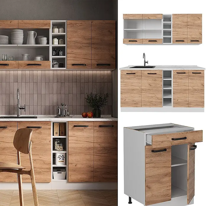 Vicco Singleküche R-Line Goldkraft Eiche/Weiß AP Anthrazit - Goldkraft Eiche, Mit AP Anthrazit - Küchenschrank-Set in Holzoptik mit weißen Innenräumen und schwarzen Griffen. Mit Ober-, Unter- und Spülenschränken sowie offenen Regalen.