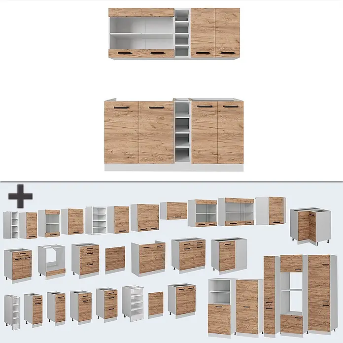 Vicco Singleküche R-Line Goldkraft Eiche/Weiß AP Anthrazit - Goldkraft Eiche, Mit AP Anthrazit - Modulares Küchenschranksystem mit Holzoptikfronten, weißen Korpen und schwarzen Griffen, in verschiedenen Unter- und Oberschrankkonfigurationen.