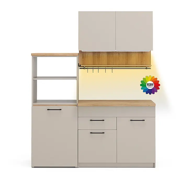 Vicco Singleküche Egbert Greige mit ausziehbarem Tisch mit LED-Leisten - Greige, mit LED-Leiste - Modulare Küchenzeile mit hellbeigen Schränken, Holzoptik-Arbeitsplatten, offenen Regalen, Schubladen und Unterschrankbeleuchtung mit Hängeschiene.