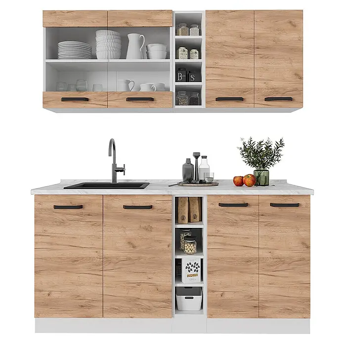 Vicco Singleküche R-Line Goldkraft Eiche/Weiß AP Anthrazit - Goldkraft Eiche, Mit AP Anthrazit - Moderne Küchenzeile mit holzgemaserten Schränken, weißen Regalen, schwarzen Griffen und eingebauter Spüle.