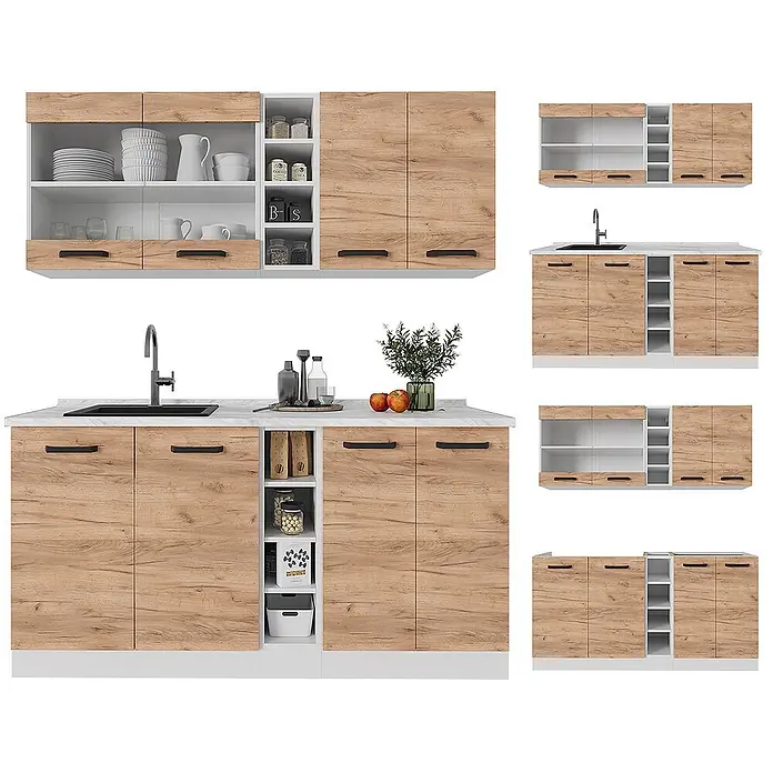 Vicco Singleküche R-Line Goldkraft Eiche/Weiß AP Anthrazit - Goldkraft Eiche, Mit AP Anthrazit - Modernes Küchenschrank-Set in heller Holzoptik und Weiß, mit Ober- und Unterschränken, offenen Regalen, Schubladen und integrierter Spüle.