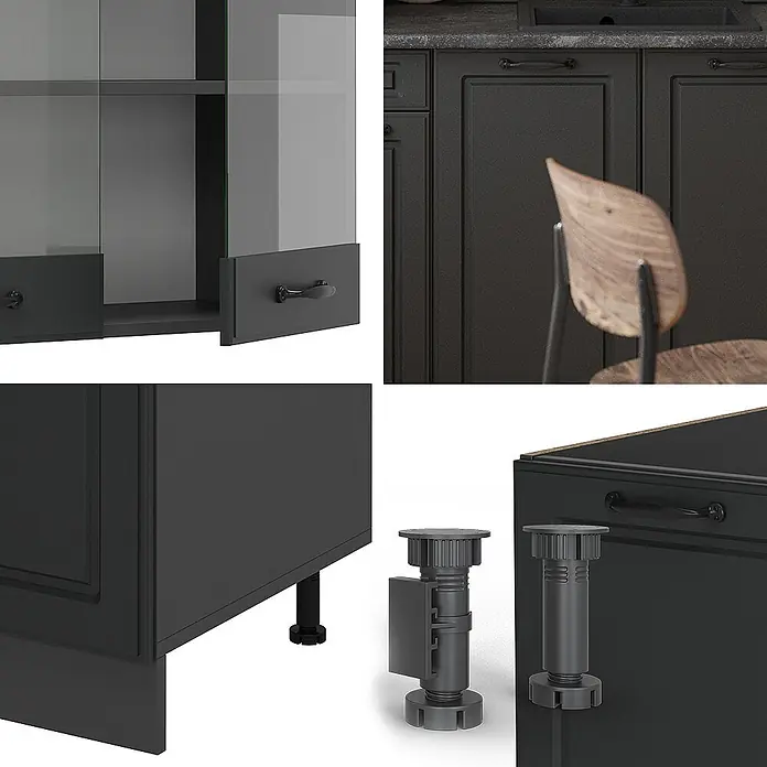 Vicco Singleküche R-Line Anthrazit Landhaus/Anthrazit, AP Marmor - Breite: 140 cm, Anthrazit Landhaus, Mit AP Marmor - Dunkelgraue Küchenschränke mit Glastüren, Ziergriffen und verstellbaren Füßen.