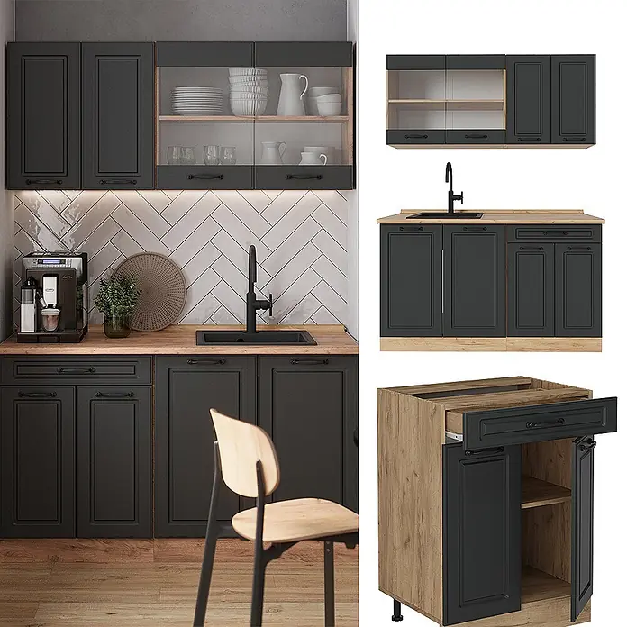 Vicco Singleküche R-Line Anthrazit Landhaus/Goldkraft Eiche, AP Marmor - Breite: 140 cm, Anthrazit Landhaus, Mit AP Marmor - Moderne dunkelgraue Küchenzeile mit Holz-Akzenten, Oberschränken, Unterschränken und teils Glastüren.