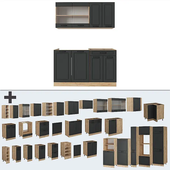 Vicco Singleküche R-Line Anthrazit Landhaus/Goldkraft Eiche, AP Marmor - Breite: 140 cm, Anthrazit Landhaus, Mit AP Marmor - Modulare Küchenschränke in Dunkelgrau und hellem Holz, mit vielfältigen Aufbewahrungslösungen.