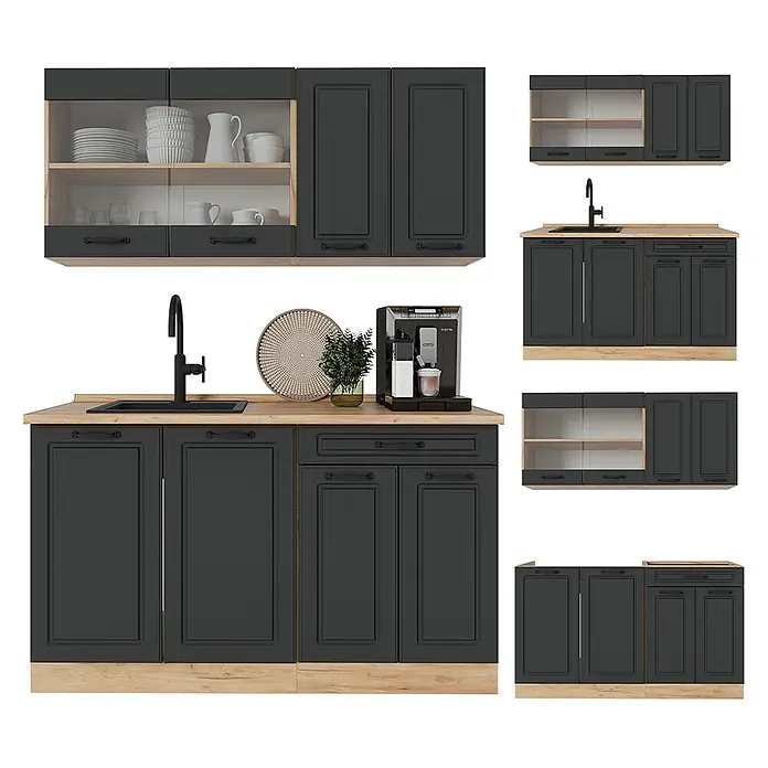 Vicco Singleküche R-Line Anthrazit Landhaus/Goldkraft Eiche ohne Arbeitsplatte - Breite: 140 cm, Anthrazit Landhaus, Ohne AP - Modulare dunkelgraue Küchenschränke mit hellen Holzplatten und -sockeln, die verschiedene Konfigurationen mit Stauraum und Spülbecken zeigen.
