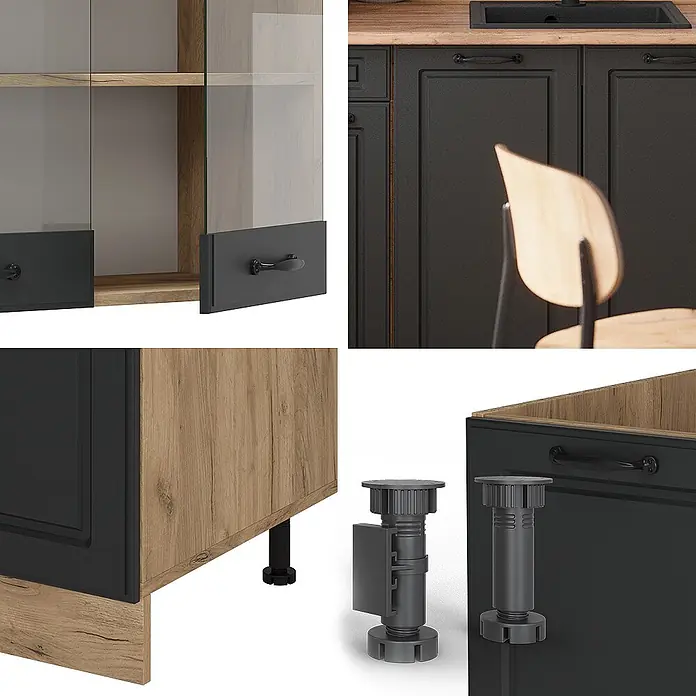 Vicco Singleküche R-Line Anthrazit Landhaus/Goldkraft Eiche, AP Marmor - Breite: 140 cm, Anthrazit Landhaus, Mit AP Marmor - Dunkelgraue Küchenschränke mit Holzpaneelen, schwarzen Griffen und verstellbaren Füßen.