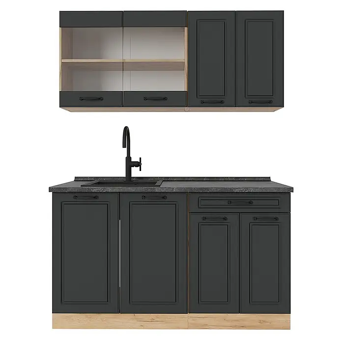 Vicco Singleküche R-Line Anthrazit Landhaus/Goldkraft Eiche, AP Anthrazit - Breite: 140 cm, Anthrazit Landhaus, Mit AP Anthrazit - Dunkelgraue Küchenzeile mit schwarzen Griffen, Spüle, Wasserhahn und Holzoptik-Basis und -Regalen.