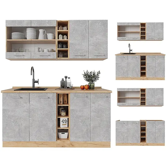 Vicco Singleküche R-Line Beton/Goldkraft Eiche ohne Arbeitsplatte - Beton, Ohne AP - Küchenschrank-Set in Betonoptik Grau mit hellen Holzdetails. Enthält Ober- und Unterschränke, offene Regale und Spülbecken.