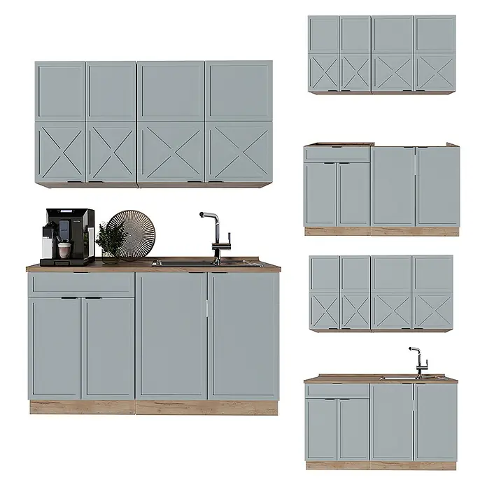 Vicco Singleküche Fame-Line Hellblau-grau/Goldkraft Eiche, AP Anthrazit - Breite: 140 cm, Hellblau-grau, Mit AP Anthrazit - Hellgraue Küchenschrank-Garnitur mit Holzoptik-Sockel und Arbeitsplatten, Ober- und Unterschränke mit X-Details, Spüle und Kaffeemaschine.