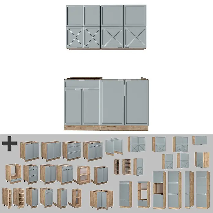 Vicco Singleküche Fame-Line Hellblau-grau/Goldkraft Eiche, AP Anthrazit - Breite: 140 cm, Hellblau-grau, Mit AP Anthrazit - Modulares Küchenschrank-Set in Hellblau mit Holzdekor-Sockeln. Enthält Hänge- und Unterschränke, Schubladen und offene Regalelemente.