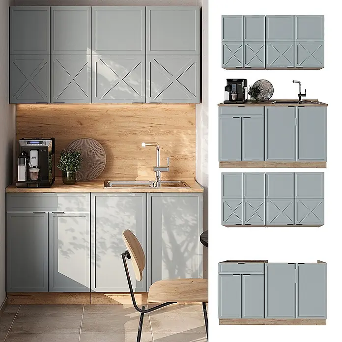 Vicco Singleküche Fame-Line Hellblau-grau/Goldkraft Eiche, AP Anthrazit - Breite: 140 cm, Hellblau-grau, Mit AP Anthrazit - Hellgraue Küchenzeile mit Holzplatte und Sockel, oberen X-Panel-Schränken und Unterschränken mit Schubladen, in einer Küche.