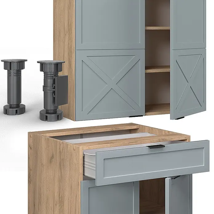 Vicco Singleküche Fame-Line Hellblau-grau/Goldkraft Eiche, AP Anthrazit - Breite: 140 cm, Hellblau-grau, Mit AP Anthrazit - Modulare Schrankteile: Holzmaserungsrahmen, graue Türen/Schubladen mit Griffen und verstellbare dunkelgraue Möbelfüße.