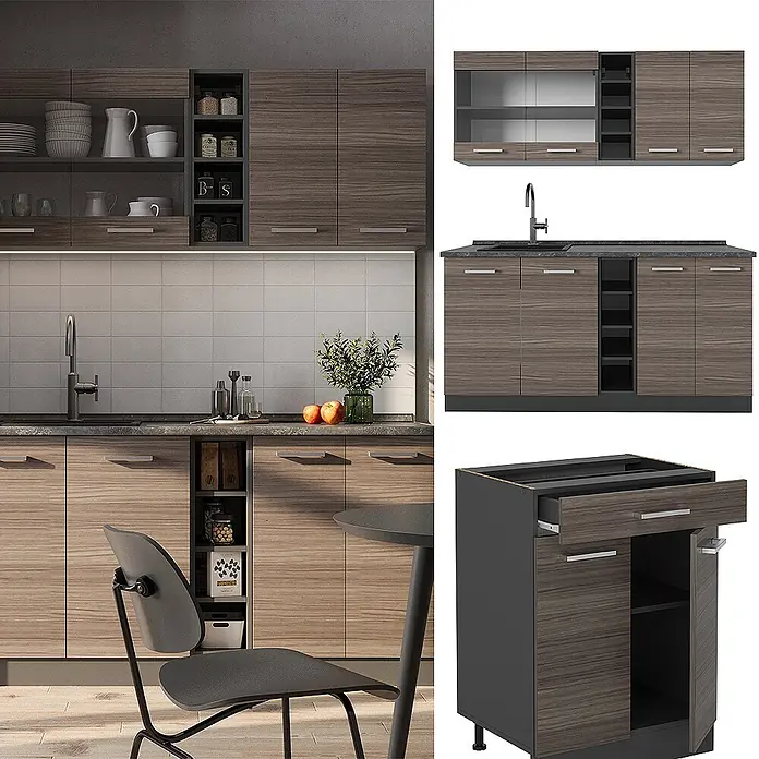 Vicco Singleküche R-Line Edelgrau/Anthrazit, AP Anthrazit - Breite: 160 cm, Edelgrau, Mit AP Anthrazit - Moderne modulare Küchenschränke in Holzoptik mit dunkelgrauen Akzenten. Montiert in Küche und als Einzelteile gezeigt.