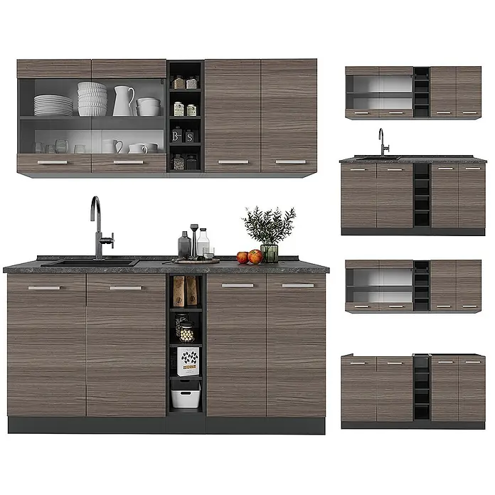 Vicco Singleküche R-Line Edelgrau/Anthrazit, AP Anthrazit - Breite: 160 cm, Edelgrau, Mit AP Anthrazit - Moderne Küchenschränke in Holzoptik mit dunklen Arbeitsplatten, integrierter Spüle und offenen Regalen.