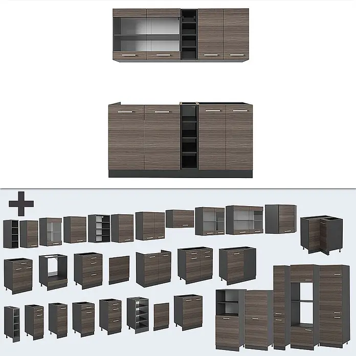 Vicco Singleküche R-Line Edelgrau/Anthrazit, AP Anthrazit - Breite: 160 cm, Edelgrau, Mit AP Anthrazit - Modulares Küchenschranksystem in Holzoptik mit dunkelgrauen Akzenten.