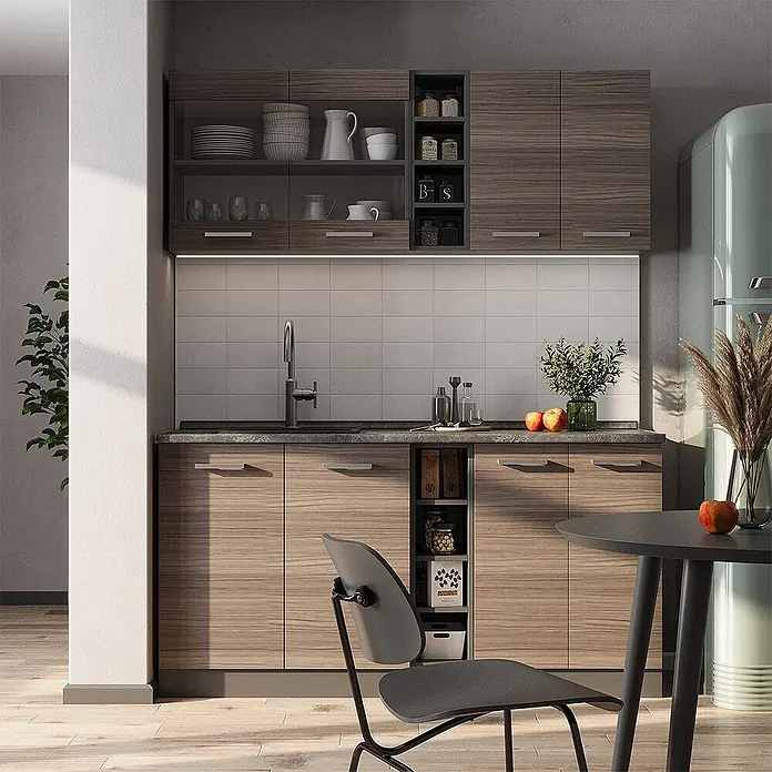 Vicco Singleküche R-Line Edelgrau/Anthrazit, AP Anthrazit - Breite: 160 cm, Edelgrau, Mit AP Anthrazit - Moderne Küchenschränke in heller Holzoptik mit dunklen Arbeitsplatten, mit offenen Regalen, Glastüren und Spüle.