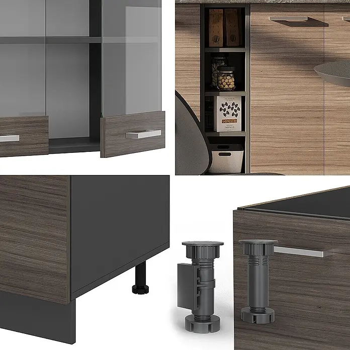 Vicco Singleküche R-Line Edelgrau/Anthrazit, AP Anthrazit - Breite: 160 cm, Edelgrau, Mit AP Anthrazit - Modulare Küchenschränke in Holzoptik und Dunkelgrau, mit verstellbaren Füßen und Glastüren.