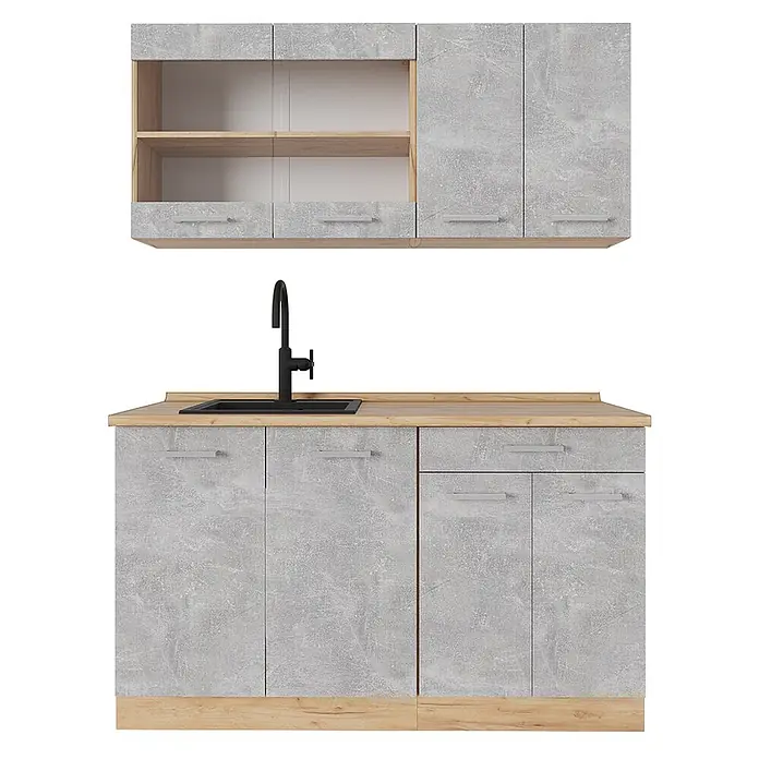 Vicco Singleküche R-Line Beton/Goldkraft Eiche ohne Arbeitsplatte - Beton, Ohne AP - Moderne Küchenzeile mit hellgrauen Türen und Schubladen in Betonoptik, Holzregalen, heller Arbeitsplatte und schwarzer Spüle mit Armatur.