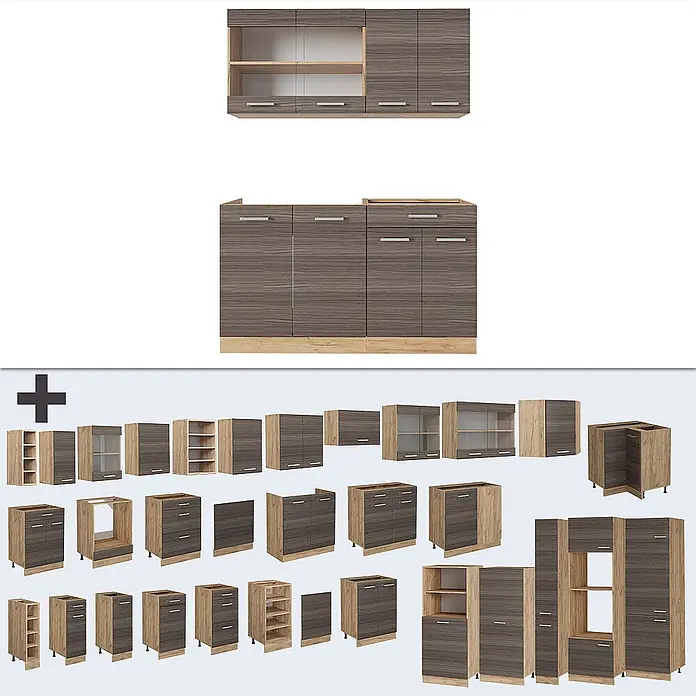 Vicco Singleküche R-Line Edelgrau/Goldkraft Eiche, AP Anthrazit - Breite: 140 cm, Edelgrau, Mit AP Anthrazit - Modulare Küchenschränke in dunkler Holzoptik mit hellen Akzenten, zeigt Wand- und Unterschränke.