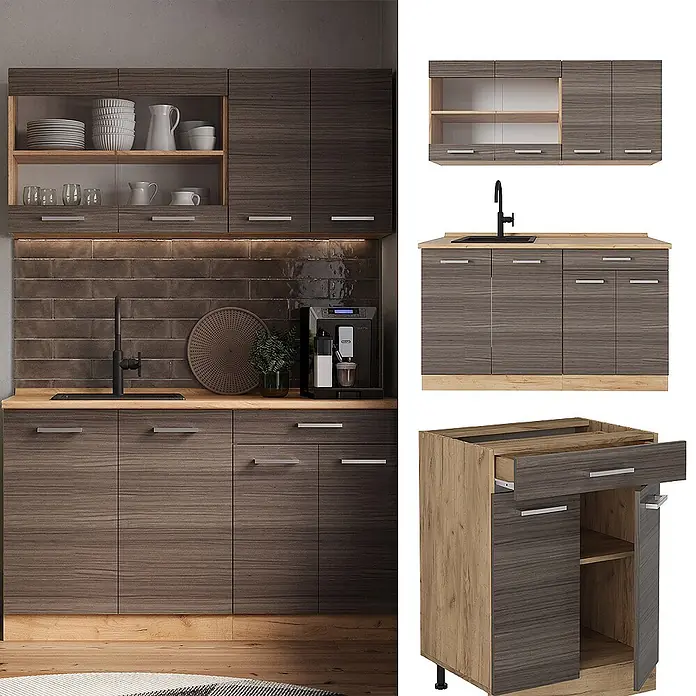 Vicco Singleküche R-Line Edelgrau/Goldkraft Eiche, AP Anthrazit - Breite: 140 cm, Edelgrau, Mit AP Anthrazit - Dunkelbraune Küchenschränke mit Holzmaserung und hellen Holzdetails, bestehend aus Unter- und Oberschränken sowie Spülbereich.