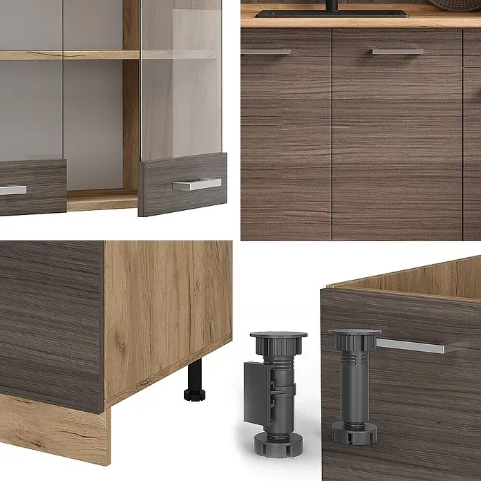 Vicco Singleküche R-Line Edelgrau/Goldkraft Eiche, AP Anthrazit - Breite: 140 cm, Edelgrau, Mit AP Anthrazit - Nahaufnahme moderner Küchenschränke mit dunkler und heller Holzmaserung, silbernen Griffen, Glastüren und verstellbaren Füßen.
