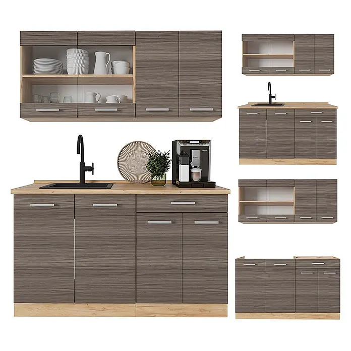 Vicco Singleküche R-Line Edelgrau/Goldkraft Eiche, AP Anthrazit - Breite: 140 cm, Edelgrau, Mit AP Anthrazit - Modulare Küchenschrank-Set in dunkler Holzmaserung mit hellen Arbeitsplatten und Sockeln, Ober- und Unterschränken, sowie Spüle.