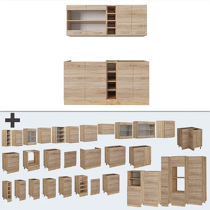 Vicco Singleküche R-Line Sonoma/Goldkraft Eiche ohne Arbeitsplatte - Sonoma, Ohne AP - Modulare Küchenschrank-Garnitur aus hellem Eiche-Dekor, mit verschiedenen Unter- und Oberschränken für individuelle Gestaltung.