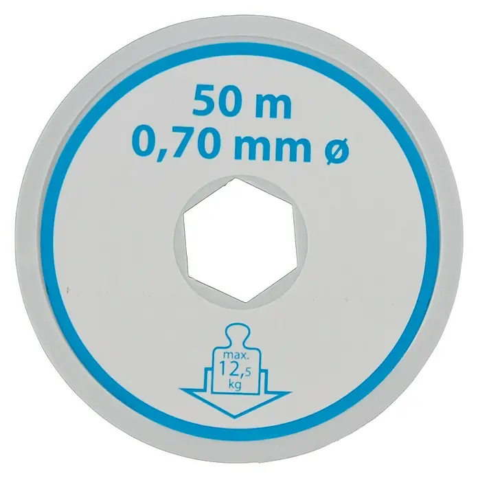 Stabilit Alambre de perlón - Ø x L: 0,7 mm x 50 m, Transparente - Primer plano de una bobina de sedal de pesca de 50 m, 0,70 mm de diámetro, con una capacidad de carga máxima de 12,5 kg.